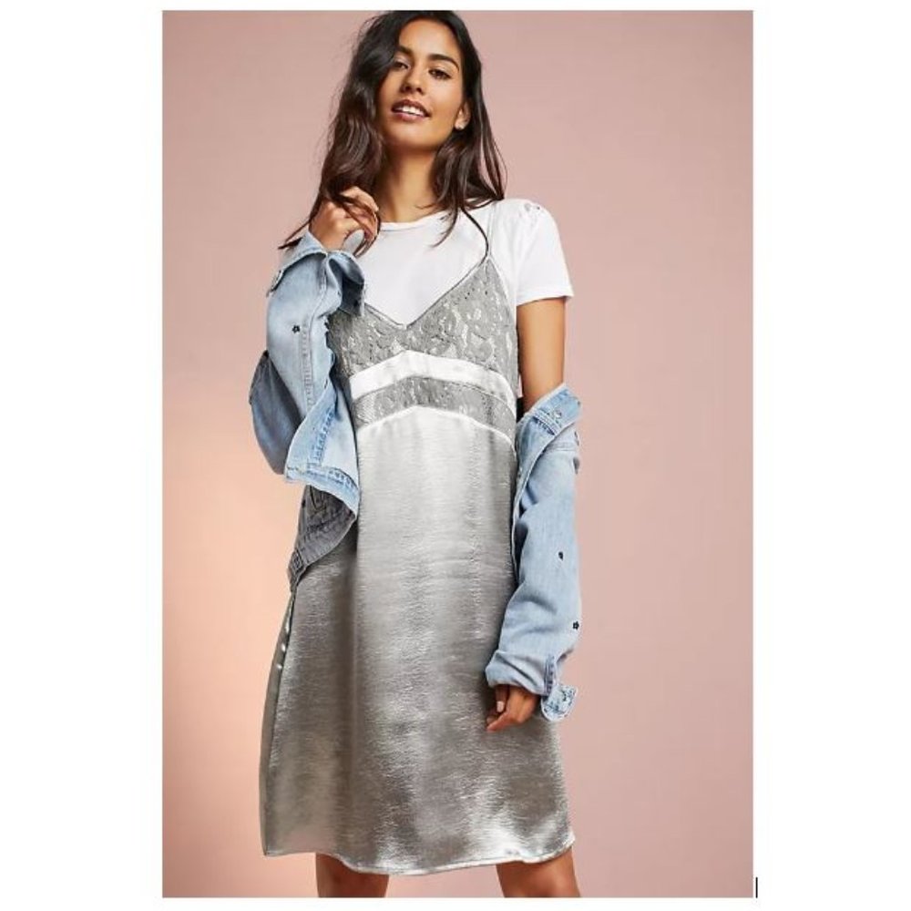 Anthropologie Nisa Satin Dress with lace in Grey by Porridge – Size Small - NTW